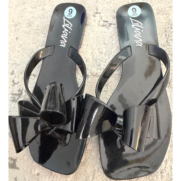 Liliana Shoes - Liliana Black Jelly Thong Sandals Oversized Bow Flat Slides Women Size 9